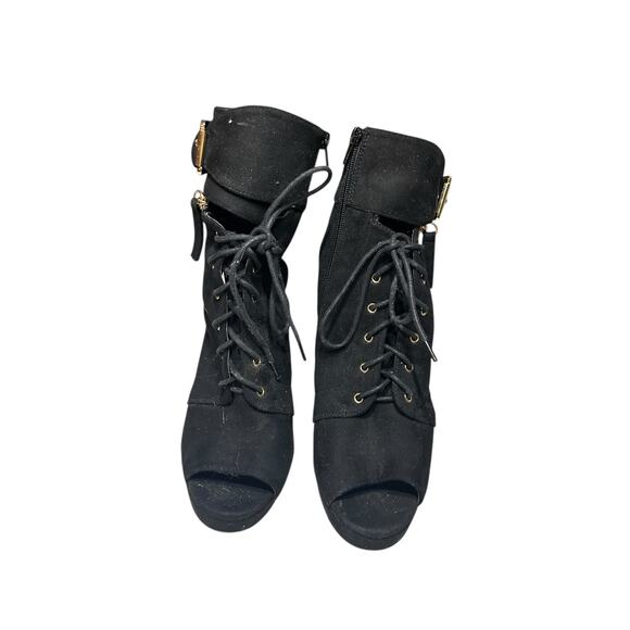 Olivia Jaymes Black Lace-Up Peep Toe Booties Heels w/ Gold Buckle Detail Size 9 - Picture 3 of 5